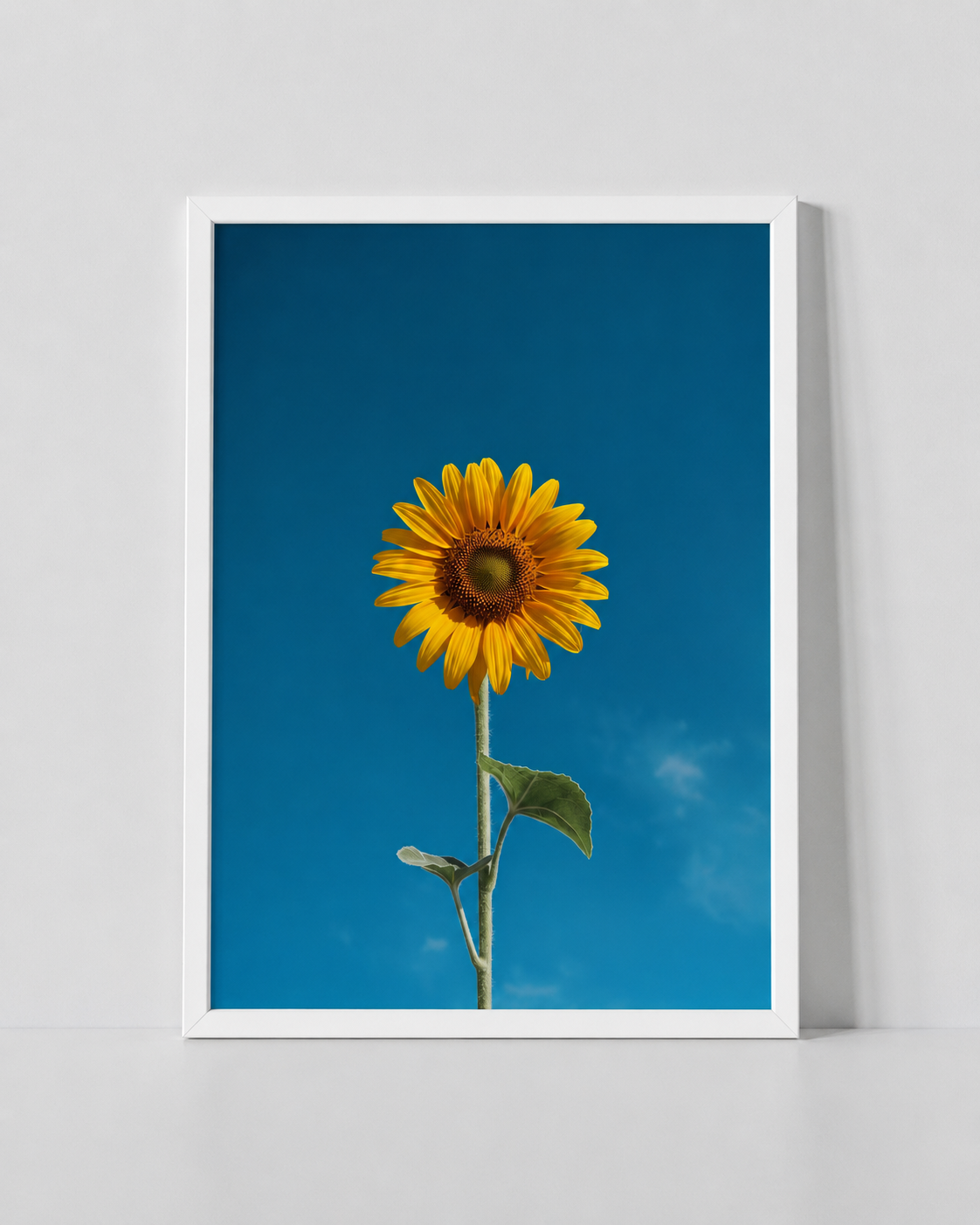 Framed sunflower print with single yellow bloom on blue background