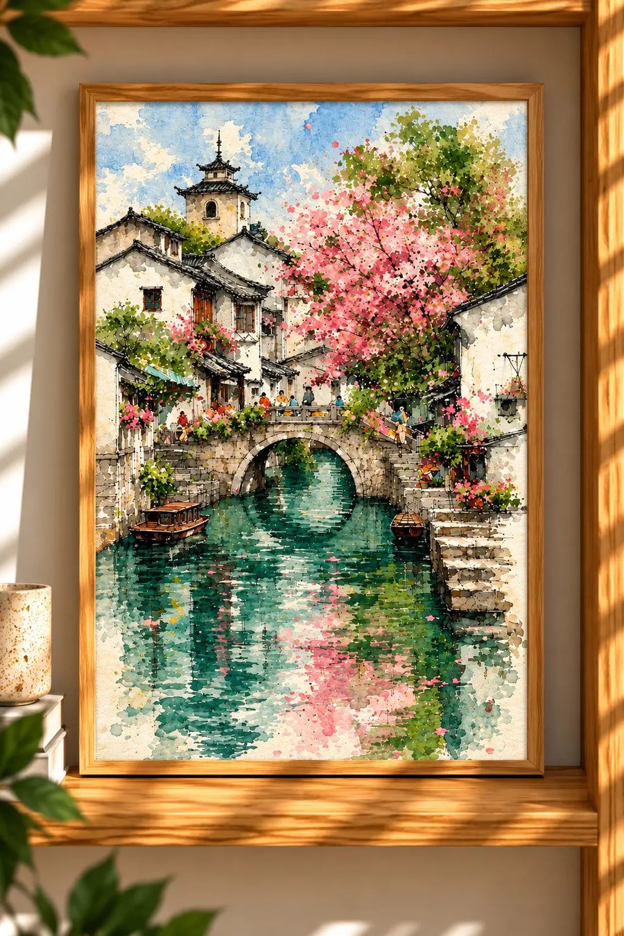 Cottage Garden Watercolor Art Print presented in a natural oak frame with pink blossoms and peaceful waterside scenery