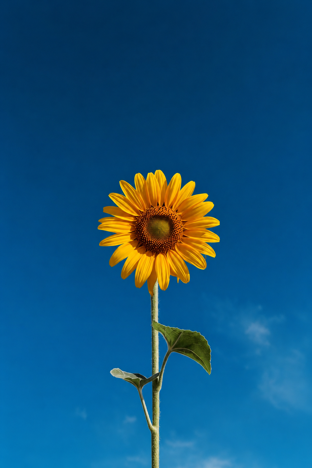 Close-up sunflower print with yellow flower and stem on blue background