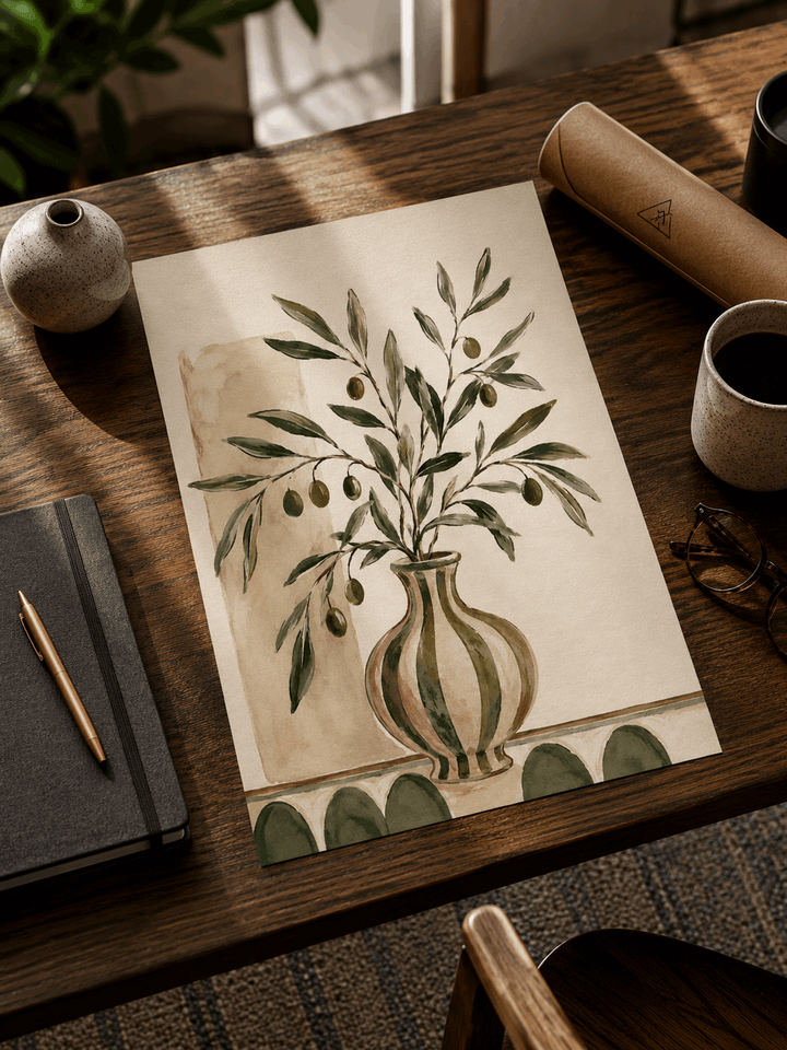 Olive tree botanical print card with green olive leaves and striped vase in foreground