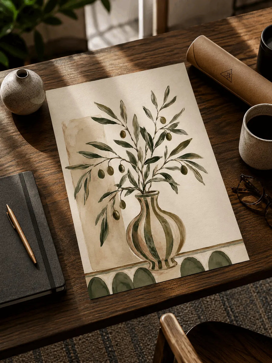 Olive tree botanical print card with green olive leaves and striped vase in foreground