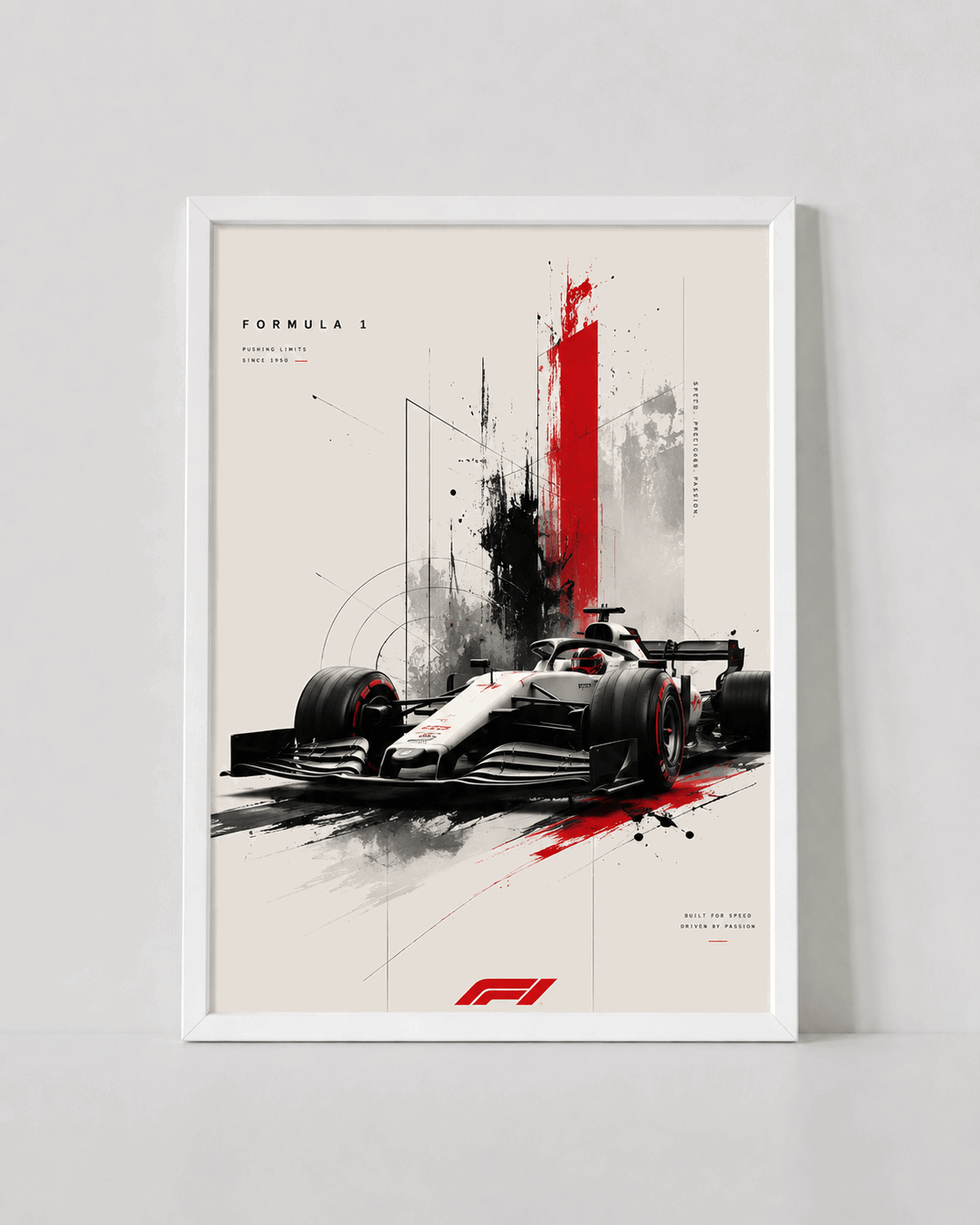 Framed F1 racing wall poster with Formula 1 car artwork in red and black