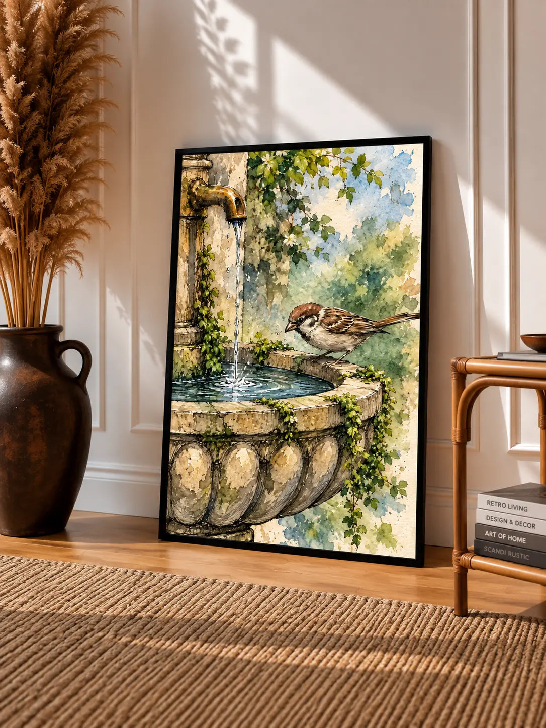Bird Fountain Watercolor Art Print displayed in a slim black frame with a sparrow resting beside a rustic stone fountain