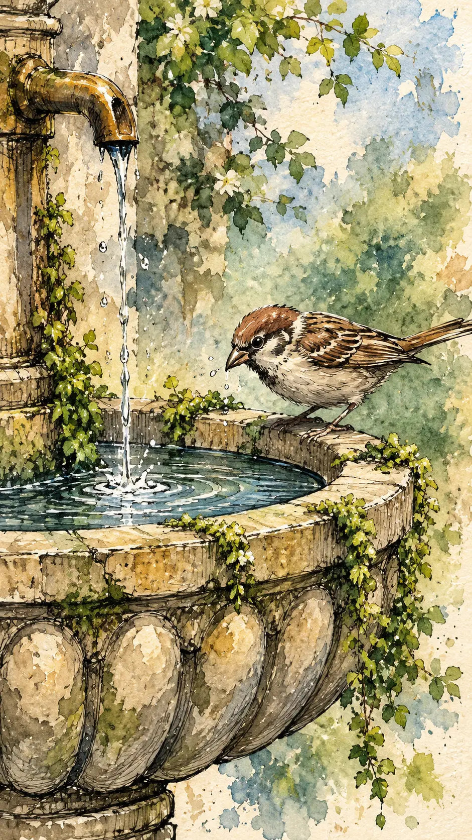 Bird Fountain Watercolor Art Print shown close up with detailed stone textures, flowing water and lush green leaves