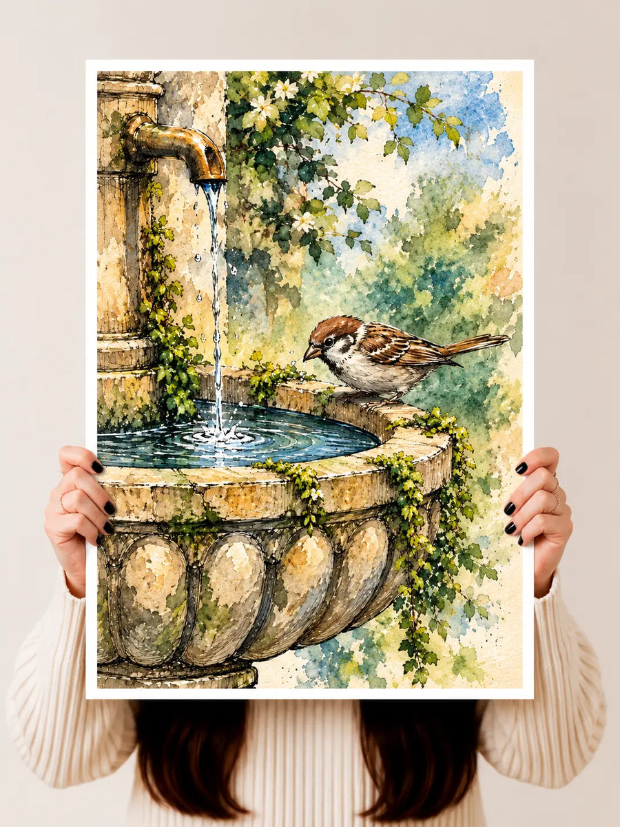 Bird Fountain Watercolor Art Print held vertically to show the sparrow, flowing water and leafy garden details