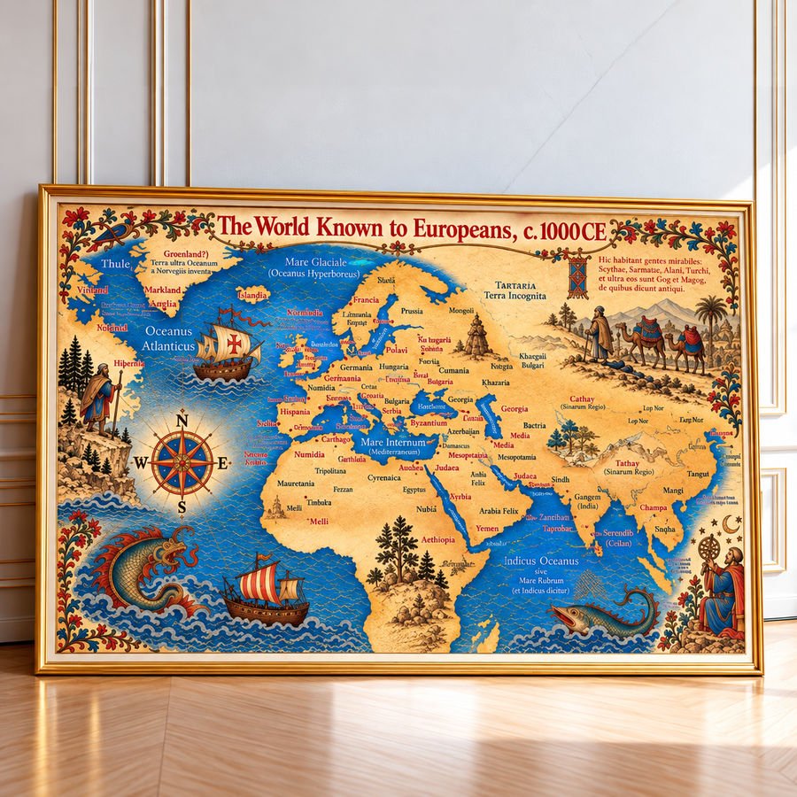 Colorful vintage world map wall art with ornate golden frame