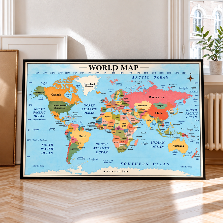 Black-framed world map wall art with colorful continents and oceans