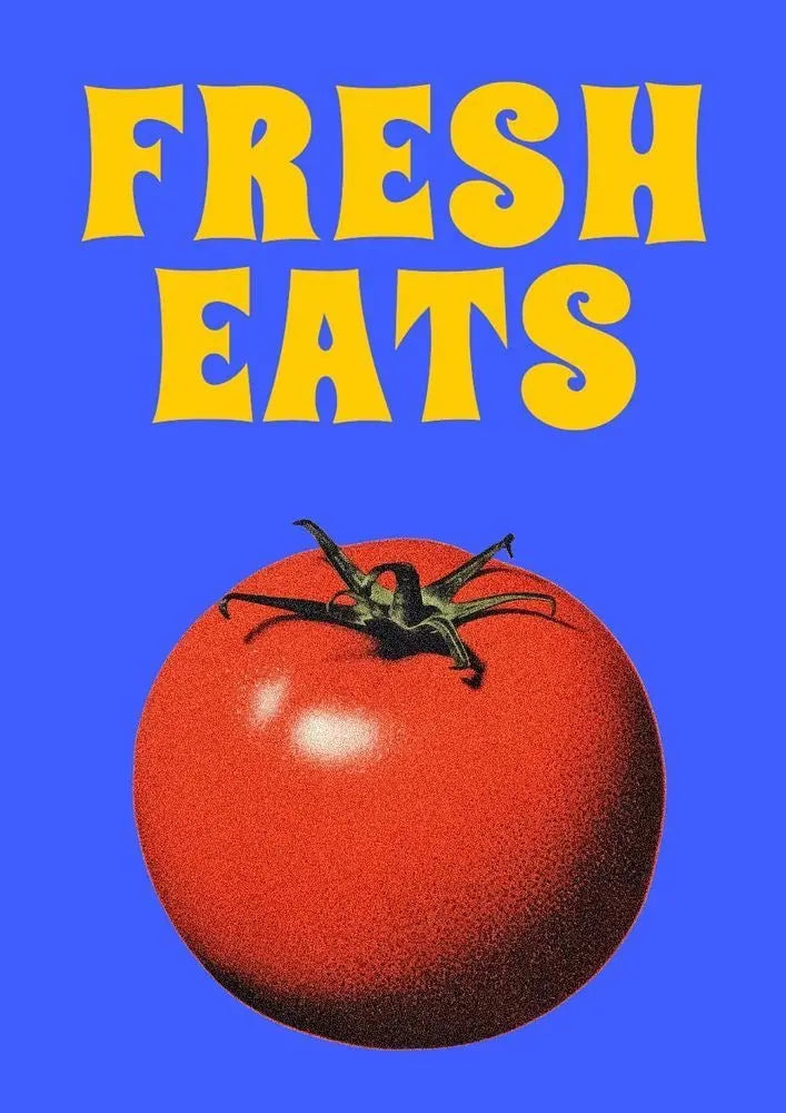 Close-up blue retro kitchen poster: 'FRESH EATS' with tomato illustration
