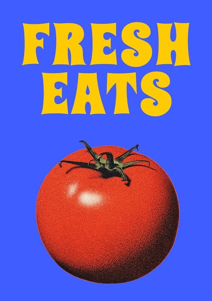 Close-up blue retro kitchen poster: 'FRESH EATS' with tomato illustration