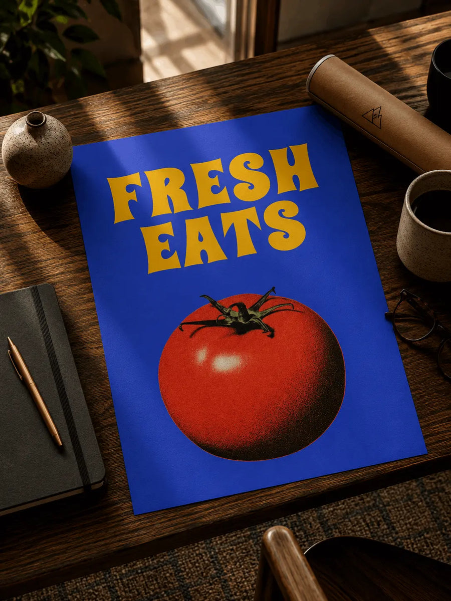 Diagonal view blue kitchen poster with yellow 'FRESH EATS' text and red tomato graphic