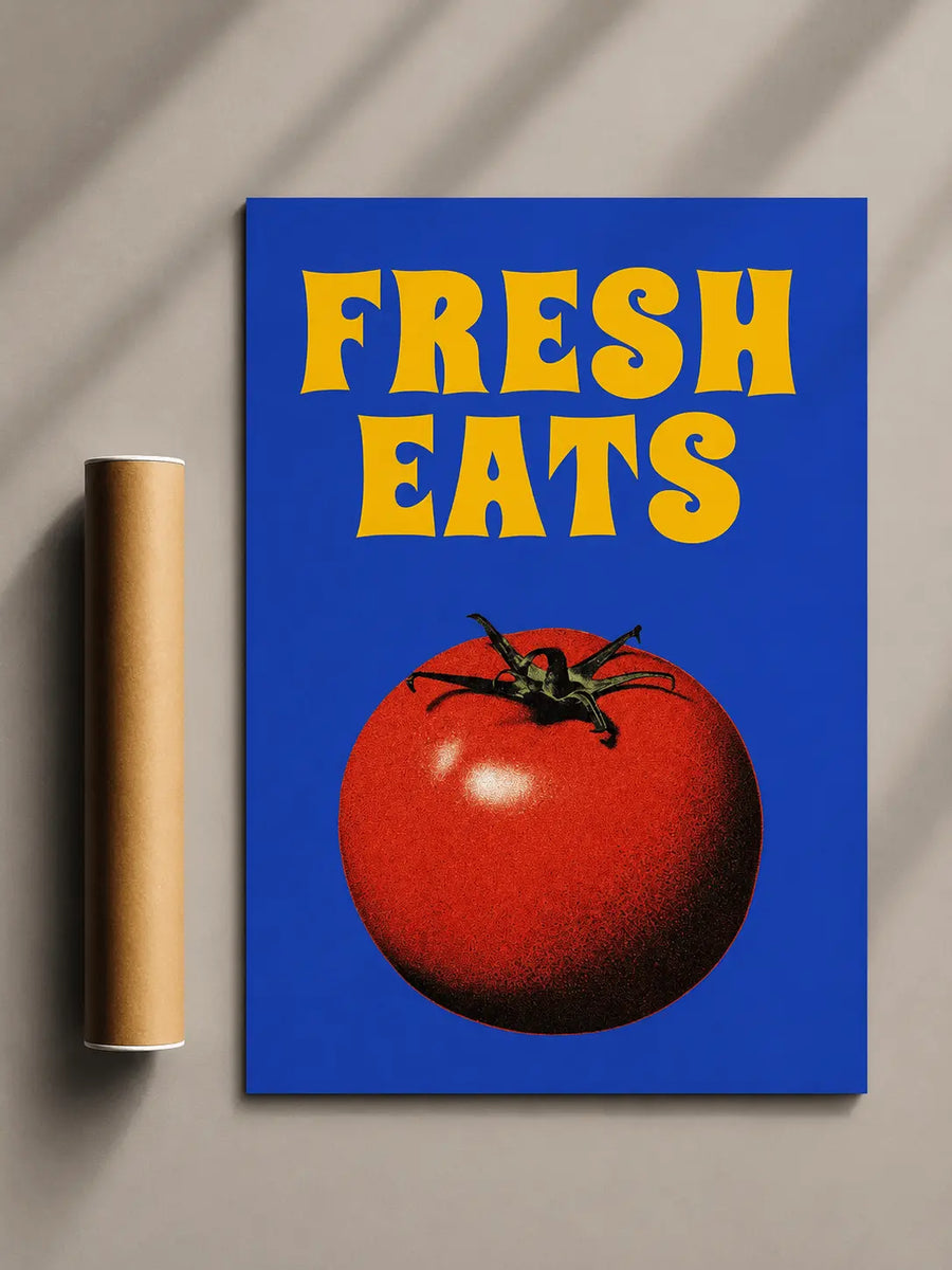 Blue kitchen poster: yellow 'FRESH EATS' lettering with red tomato graphic