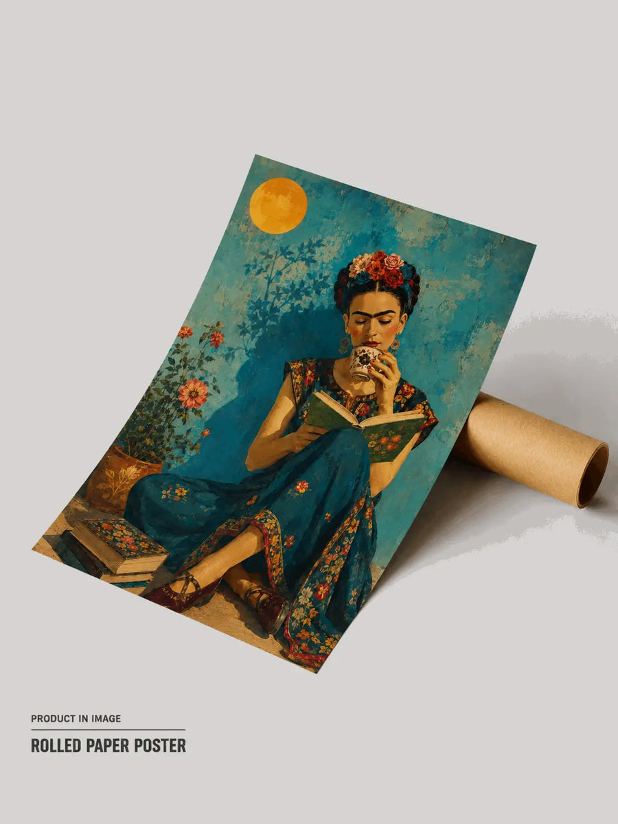 Rolled floral portrait poster with Frida-style woman holding a cigarette