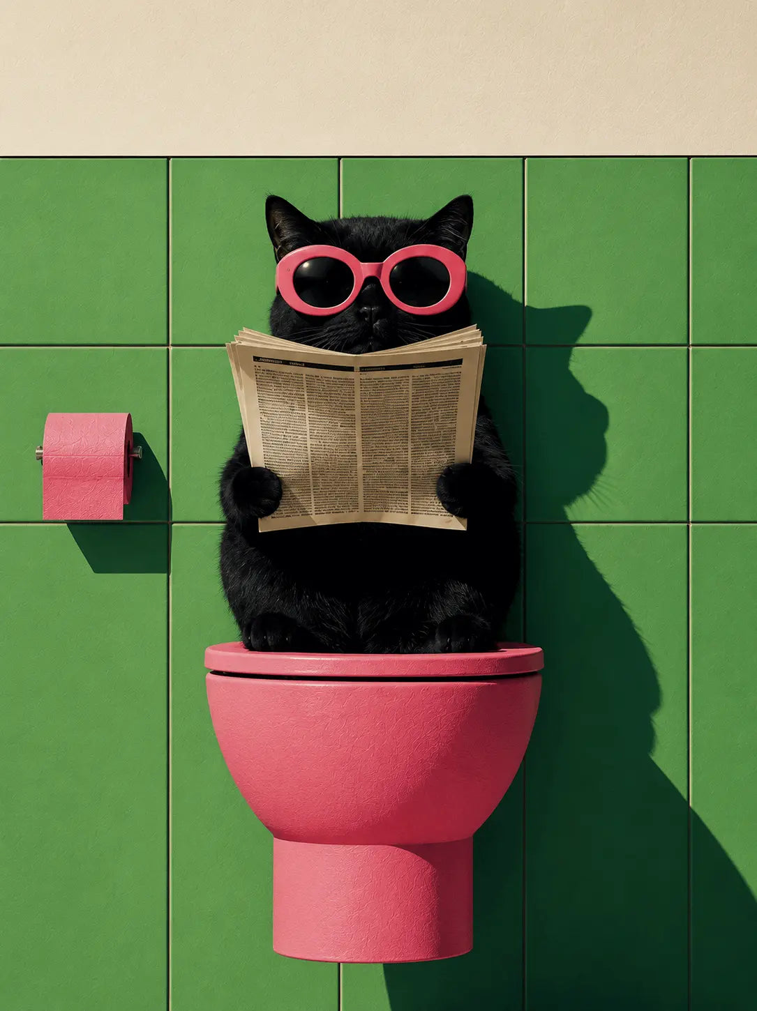 Close-up framed wall art poster: black cat with pink glasses reading book in toilet