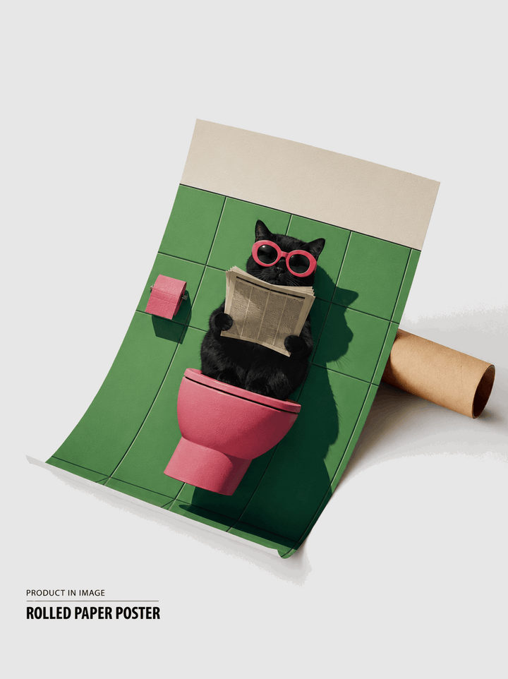 Rolled paper wall art poster with black cat reading in toilet and pink glasses