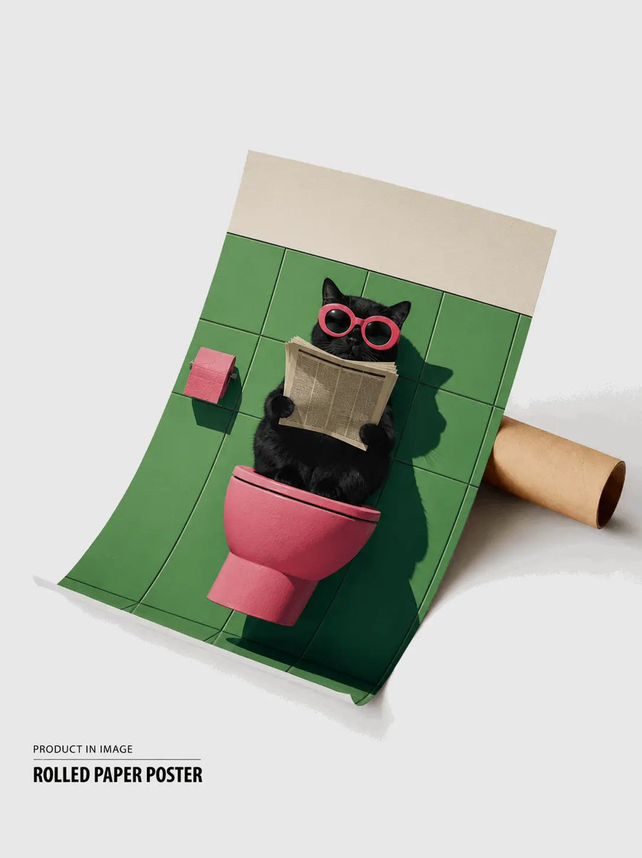Rolled paper wall art poster with black cat reading in toilet and pink glasses
