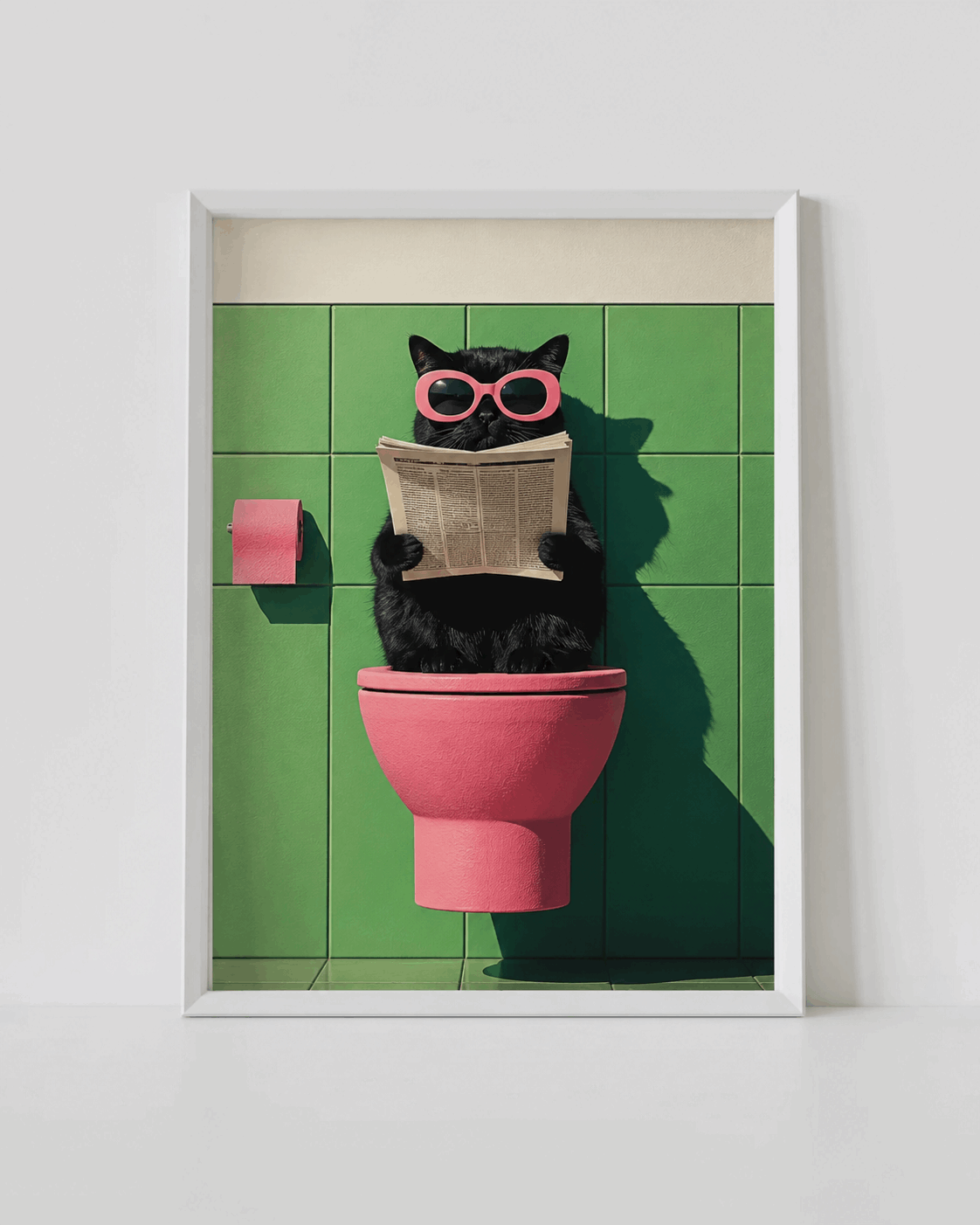 White-framed wall art poster: black cat with pink glasses reading book by pink toilet
