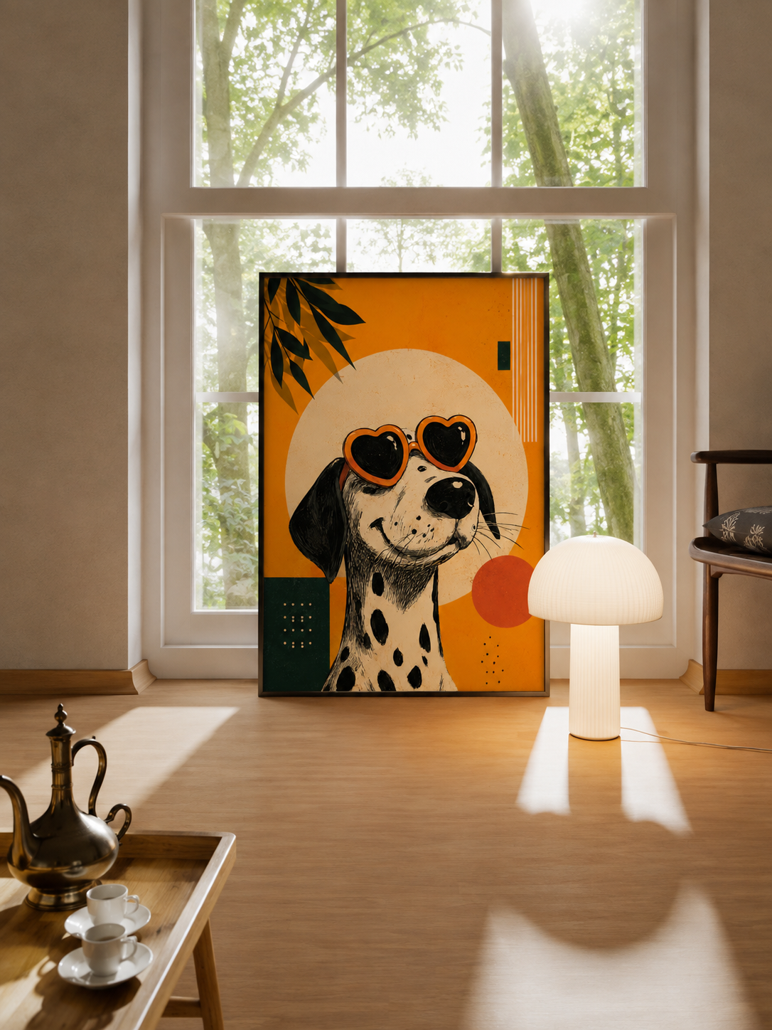 Framed dalmatian art print on wall near window, orange background with heart goggles
