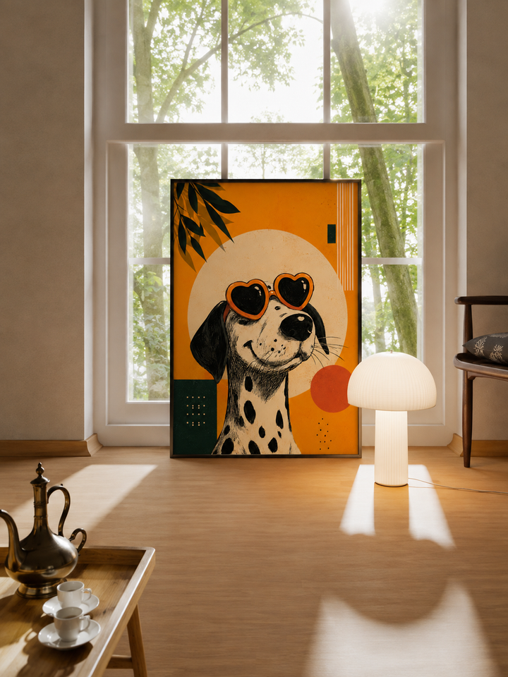Framed dalmatian art print on wall near window, orange background with heart goggles