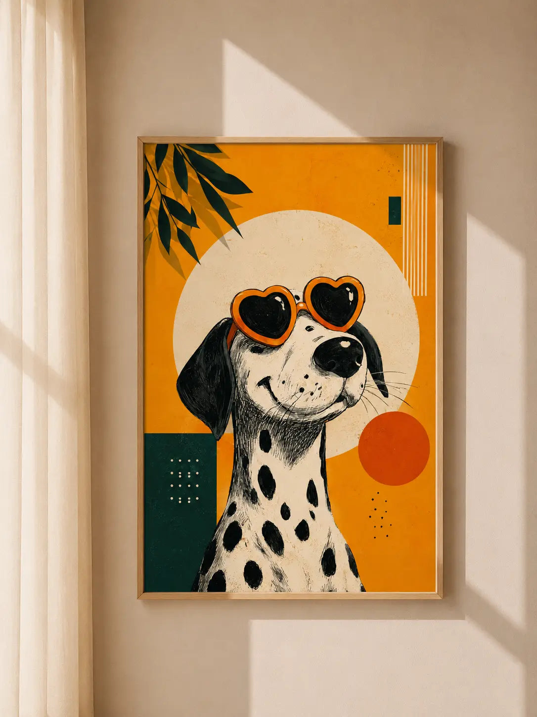 Framed dalmatian art print on beige wall with orange background and heart goggles