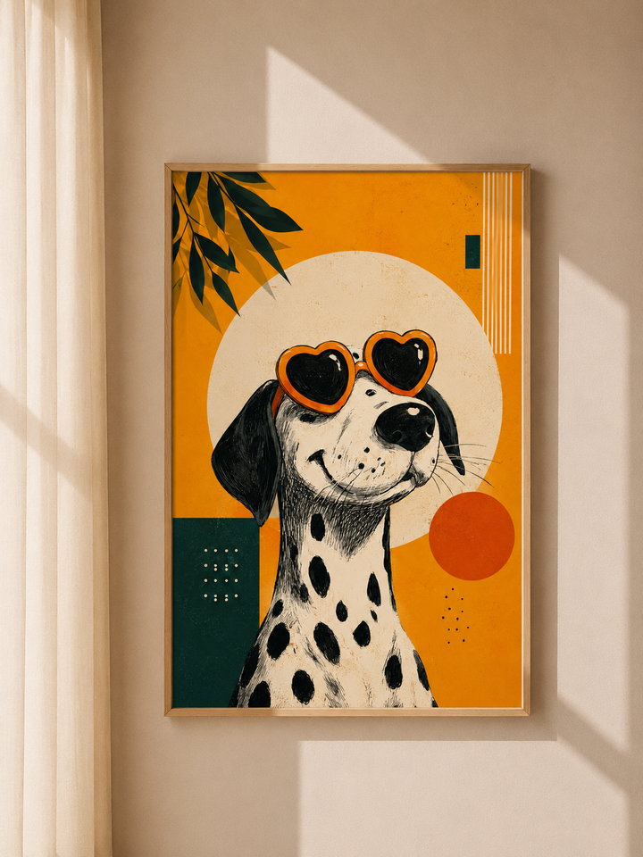 Framed dalmatian art print on beige wall with orange background and heart goggles