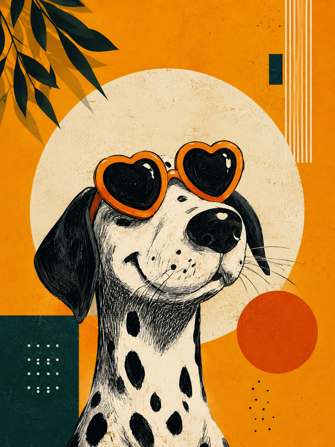 Close-up dalmatian art print with heart-shaped goggles and orange abstract backdrop