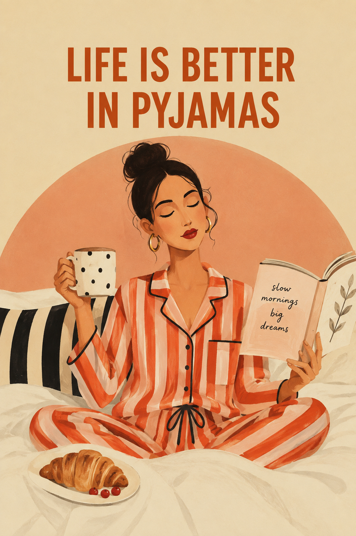 Wall art print with woman in striped pajamas holding mug and book, “Life is Better in Pyjamas”