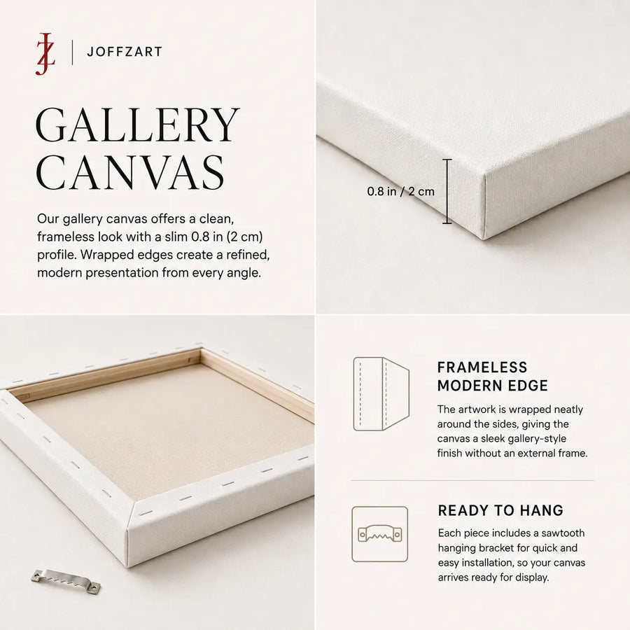 Gallery canvas corner and frameless edge detail with depth measurement callout.