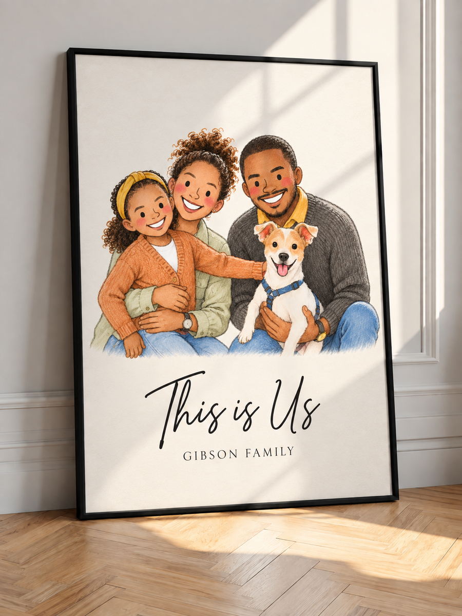 Black framed family portrait wall art with dog; 'This is Us' and 'Gibson Family'