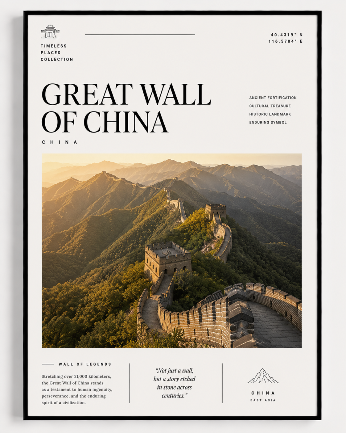 Framed wall art print featuring the Great Wall winding through mountains