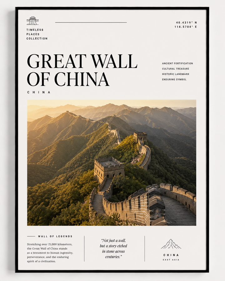 Framed wall art print featuring the Great Wall winding through mountains