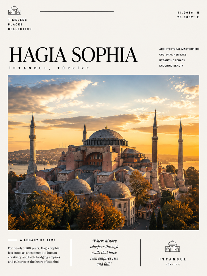 Unframed Hagia Sophia travel print showing sunset view of domes and minarets