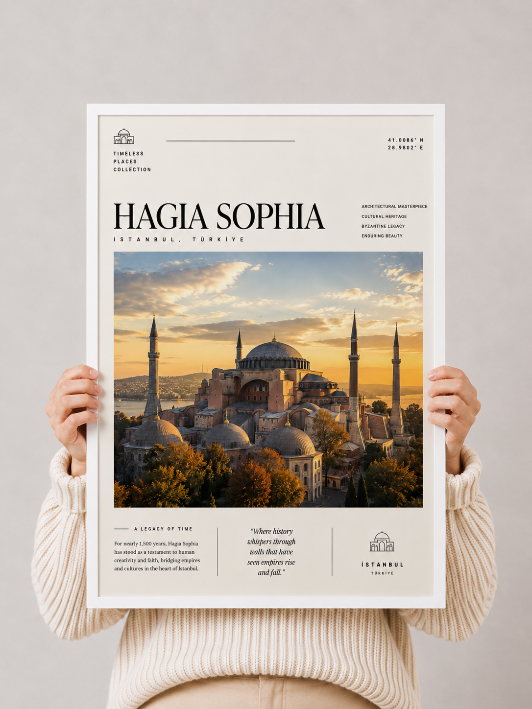 Hagia Sophia travel print held by hands, featuring a sunset domes and minarets scene