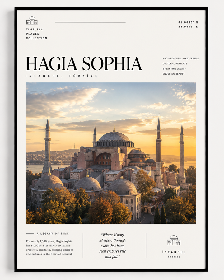 Black-framed Hagia Sophia travel print with golden sunset skyline and domed mosque