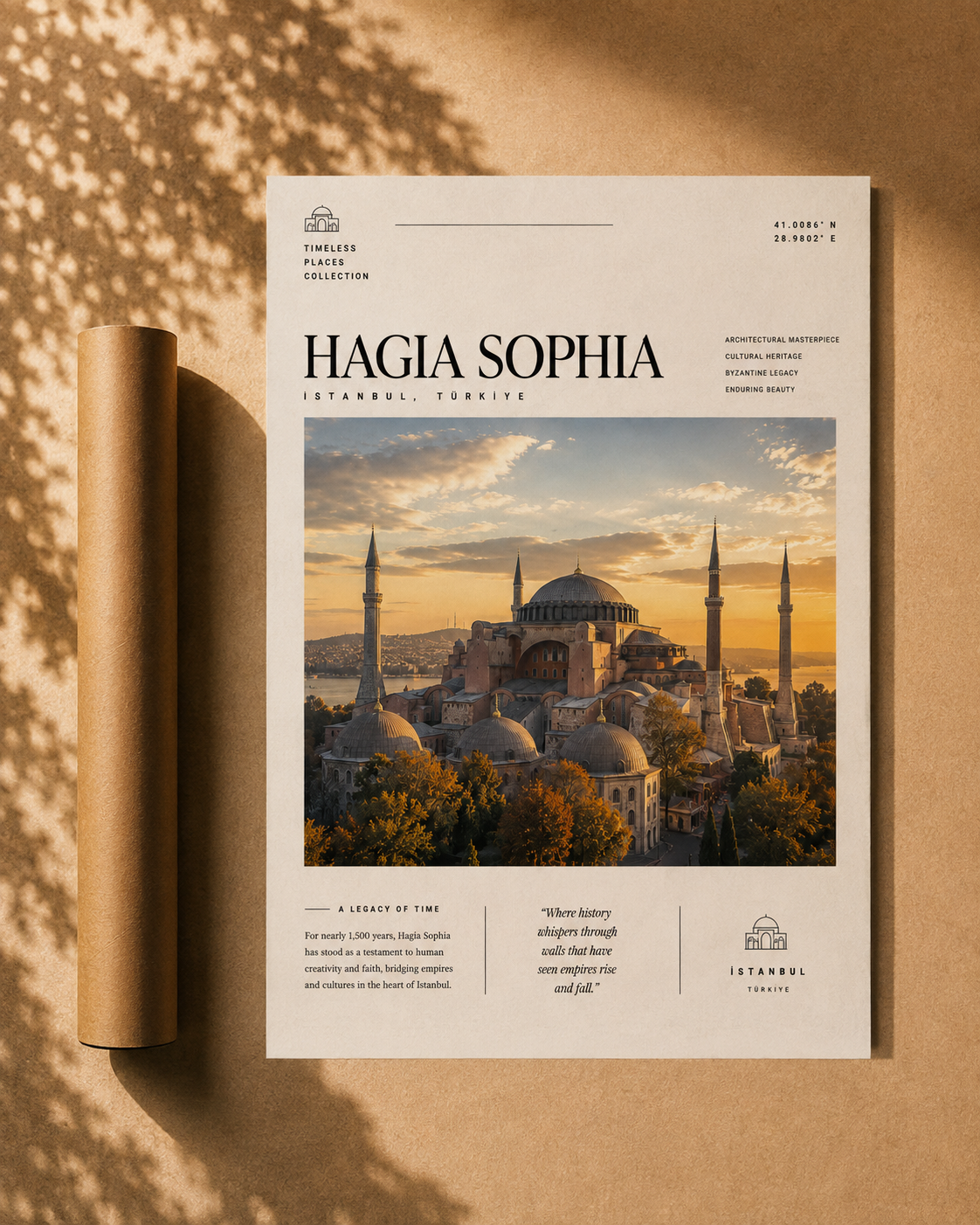 Unframed Hagia Sophia travel print on kraft paper, with sunset domes and minarets