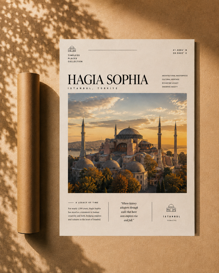 Unframed Hagia Sophia travel print on kraft paper, with sunset domes and minarets
