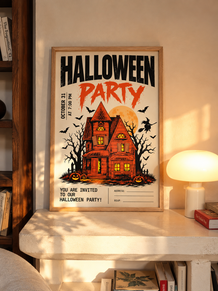 Personalized Halloween Wall Art displayed in a warm interior with bold haunted house artwork and Halloween Party typography