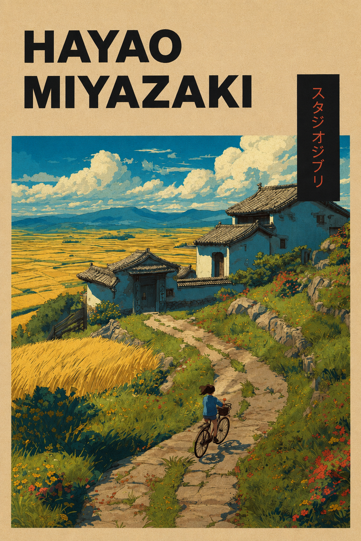 Close-up Hayao Miyazaki art print of countryside path, houses, and cyclist with bicycle
