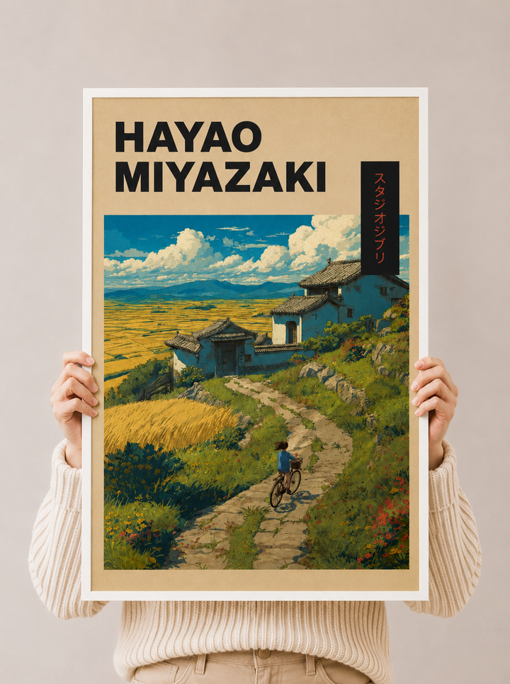Hayao Miyazaki art print held up, countryside path with bicycle and village houses