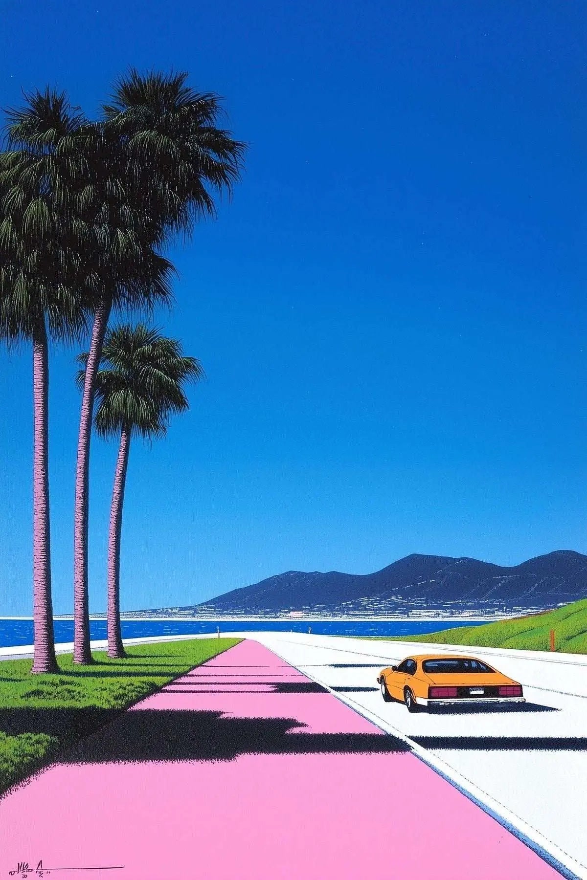 Close-up coastal road art print: palm trees, pink road, blue sky, yellow car