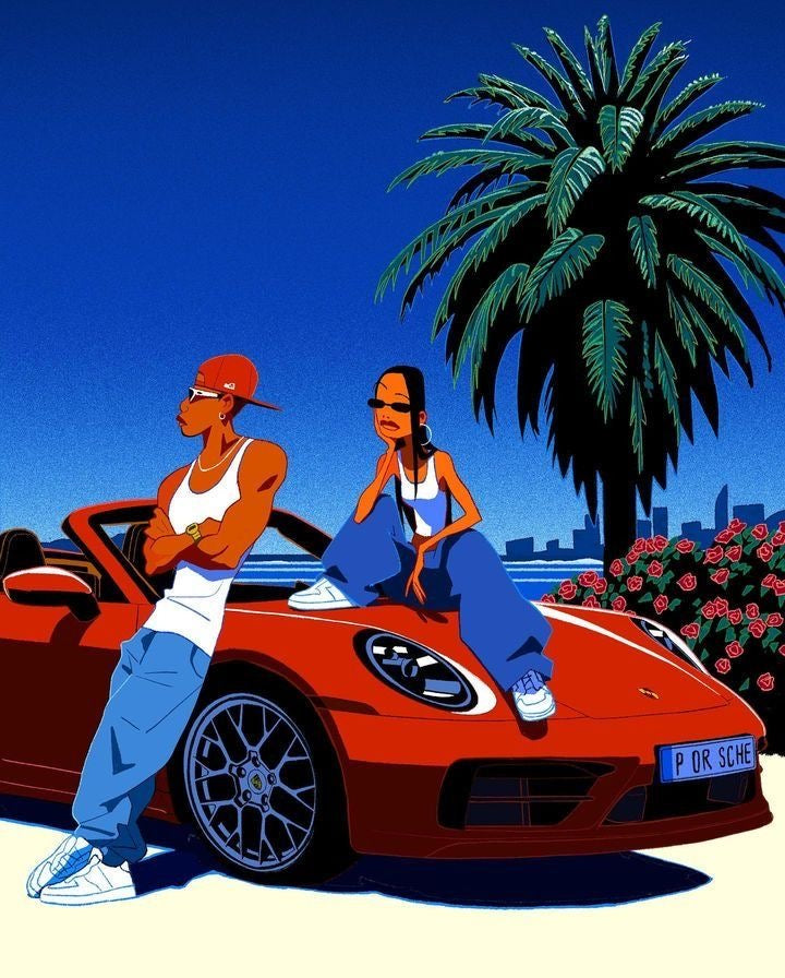 Red sports car wall print with two figures and palm tree scene