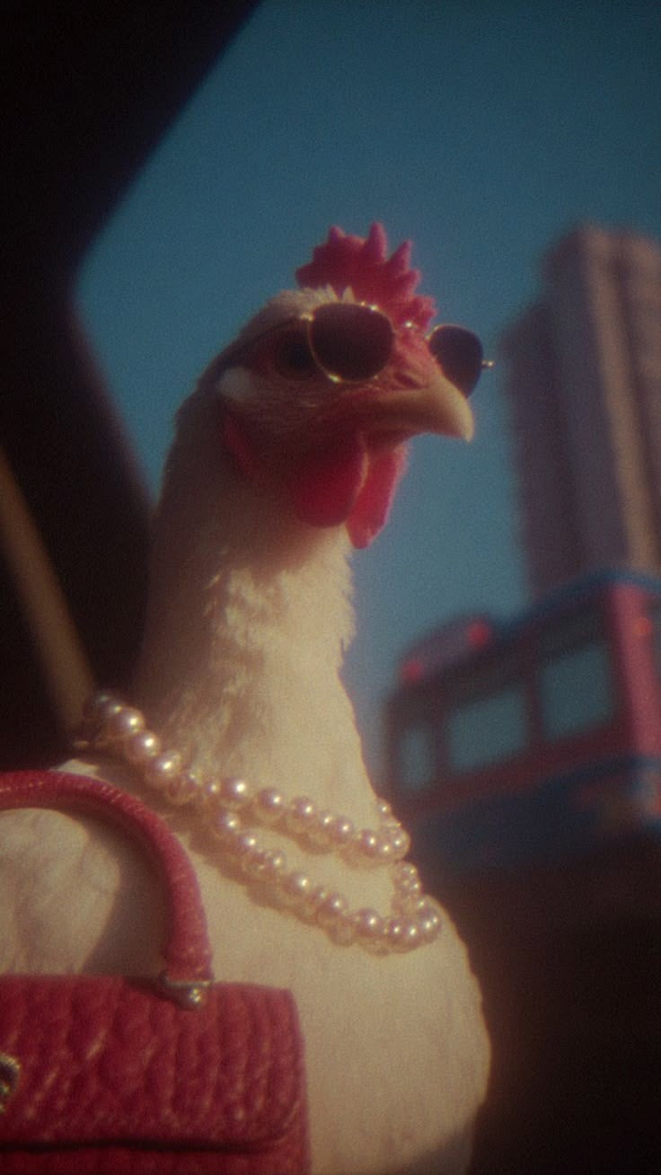 Close-up chicken print with sunglasses, pearl necklace, and red comb.