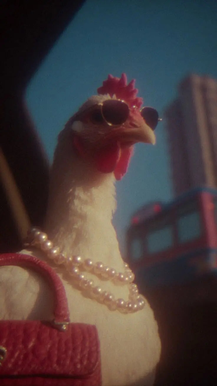 Close-up chicken print with sunglasses, pearl necklace, and red comb.