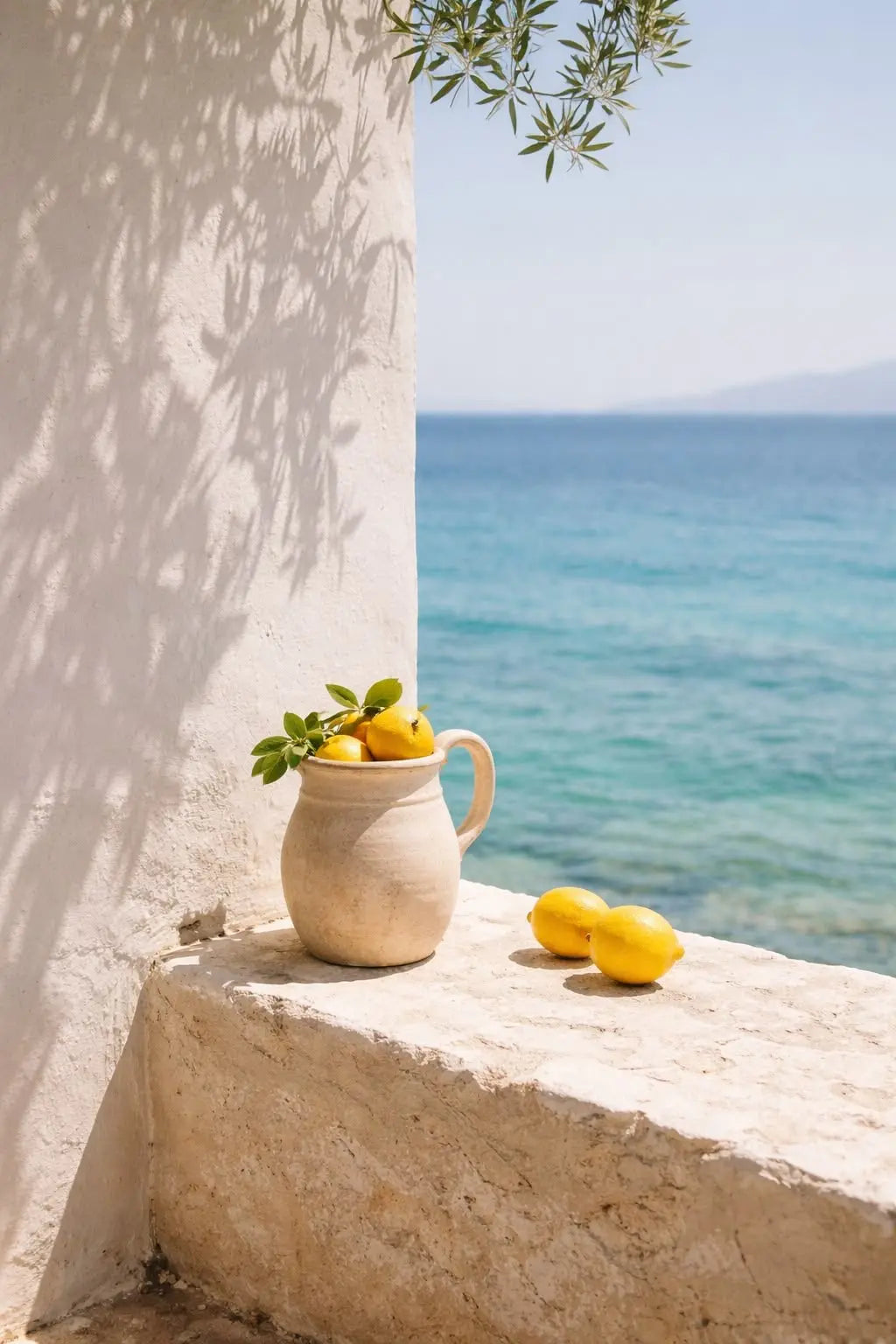 Mediterranean sea view wall print showing blue water, vase, and lemons on ledge
