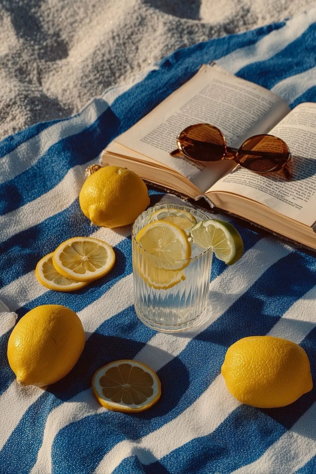 Close-up of picnic print with blue pattern, lemons, cocktail glass, and open book
