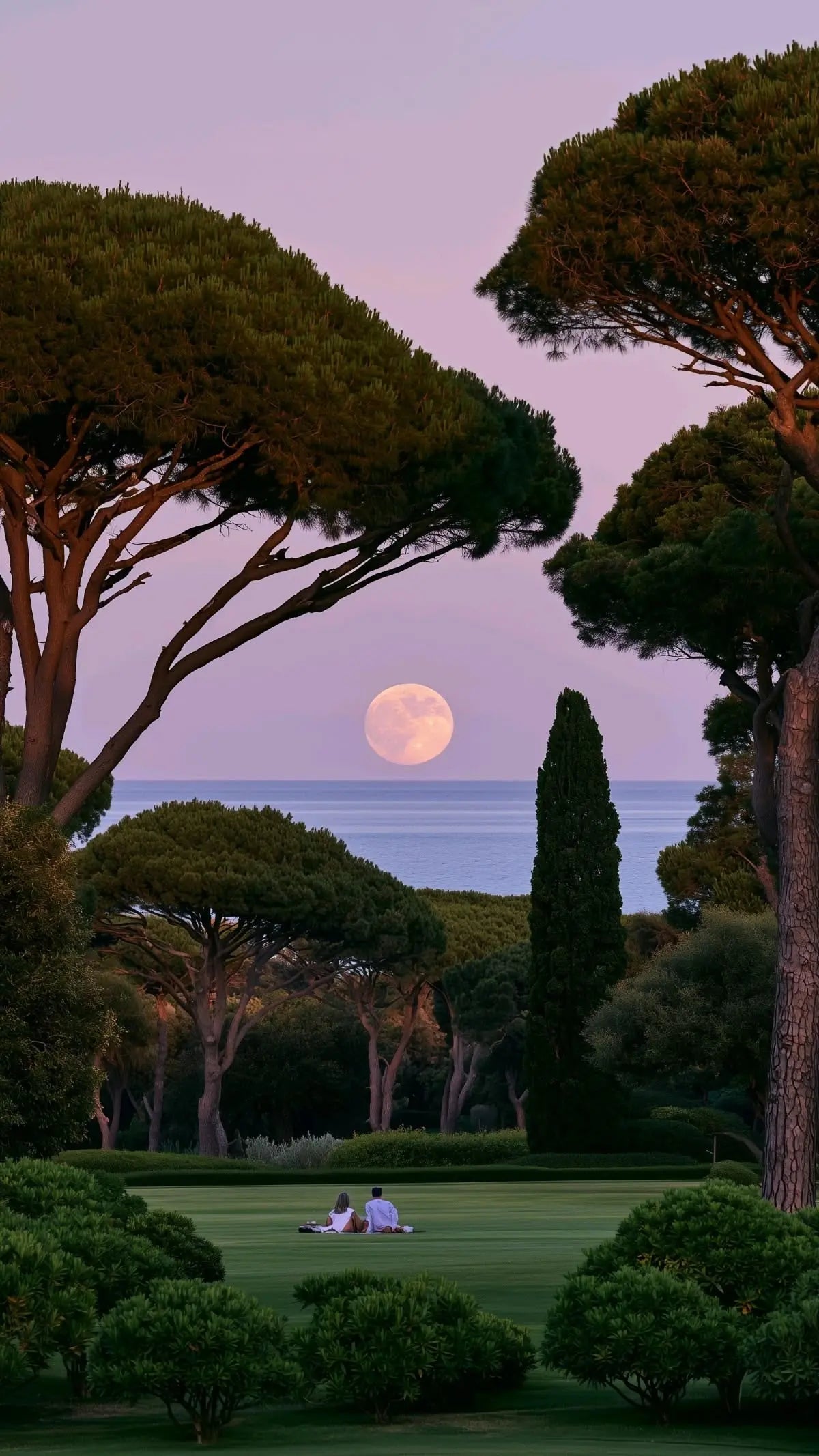 Landscape print with trees framing a moon over a green lawn and two people