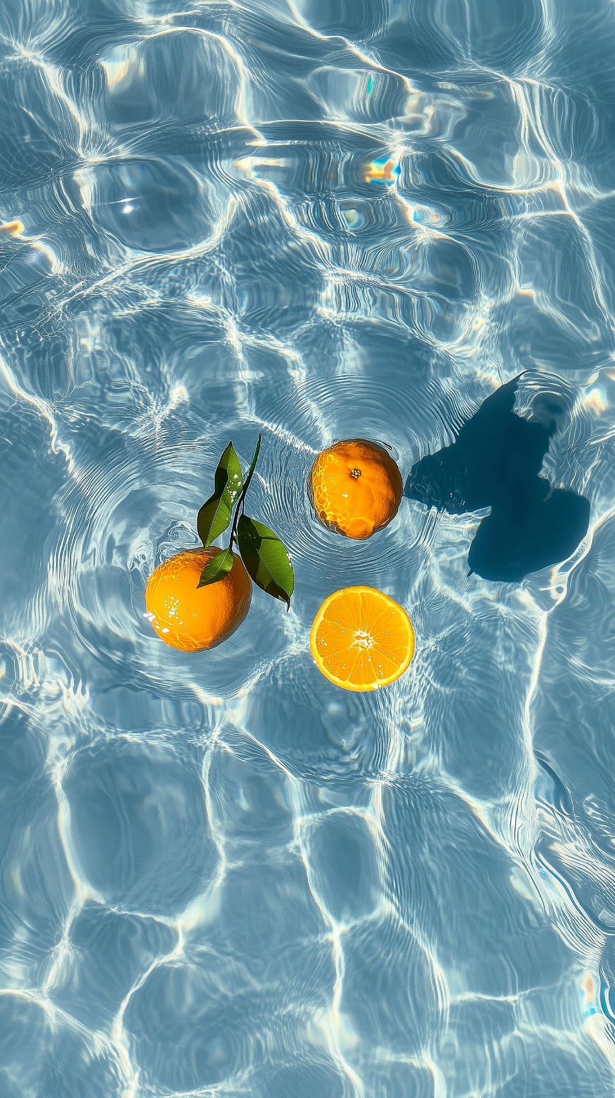 Close-up floating oranges print: oranges and green leaves on blue water