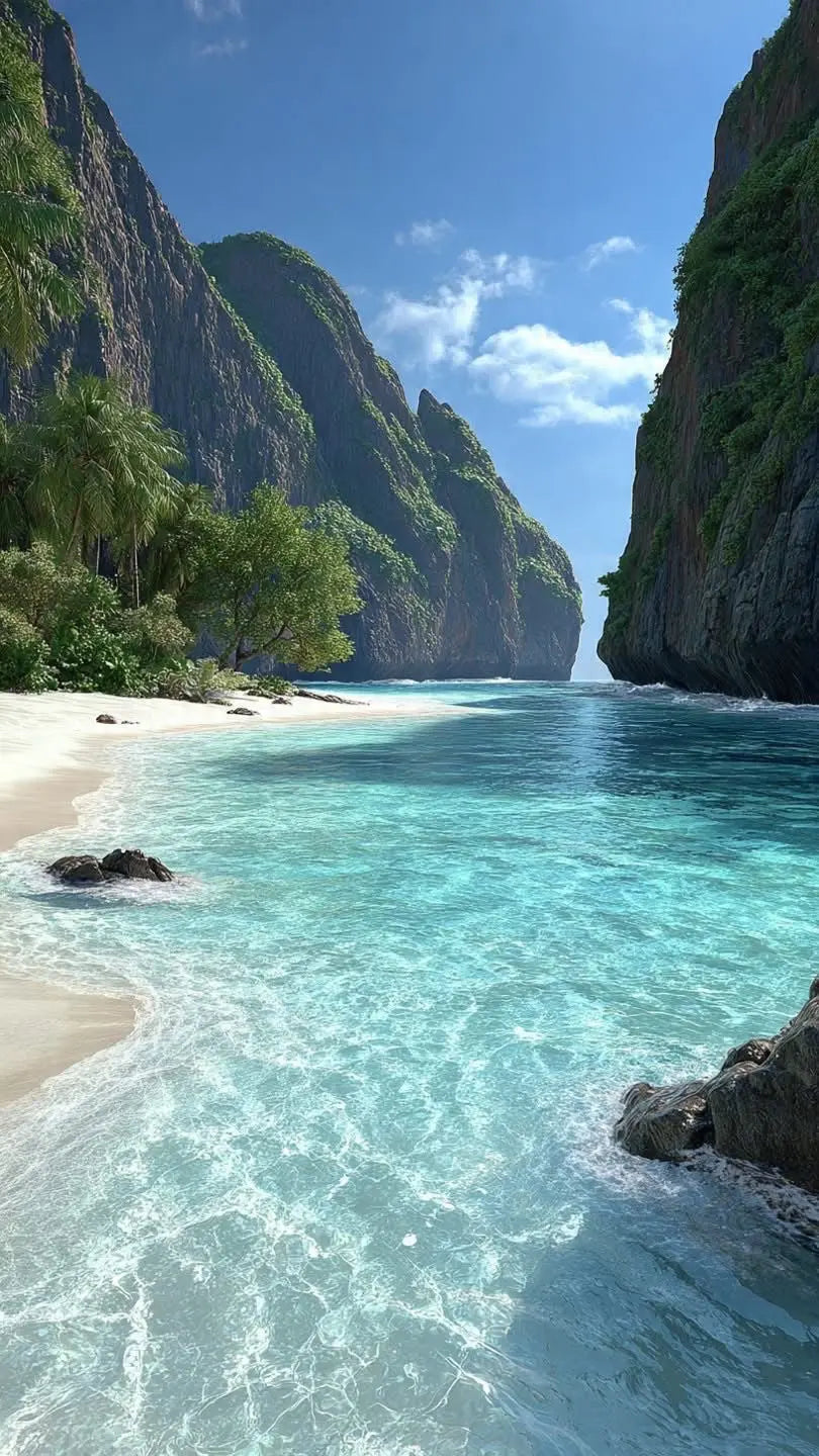 Coastal lagoon landscape print with turquoise surf, sandy shore, and steep green cliffs.