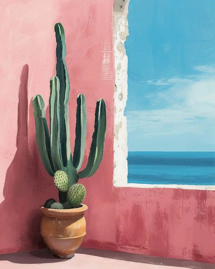 Cactus print close-up: green potted cactus on pink wall with blue window