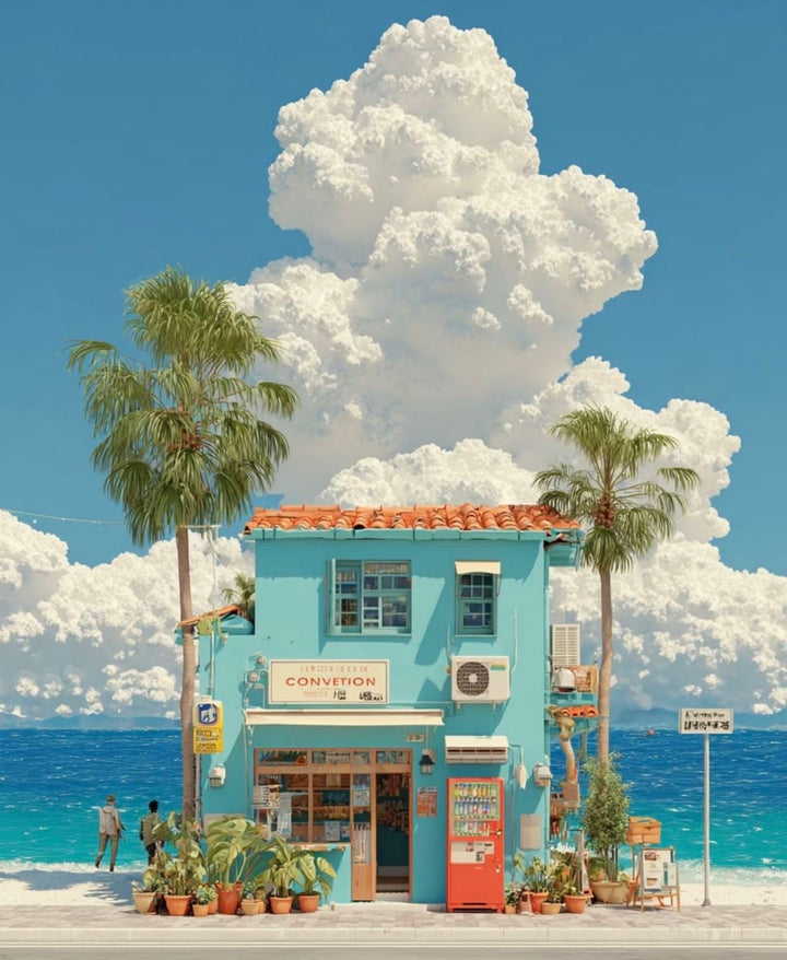 Mediterranean Beach House Print featuring a blue beachfront building surrounded by palm trees and a clear Mediterranean coastline.