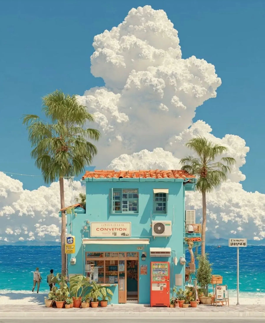 Mediterranean beach house wall art close-up with palm trees, blue sky, and storefront.